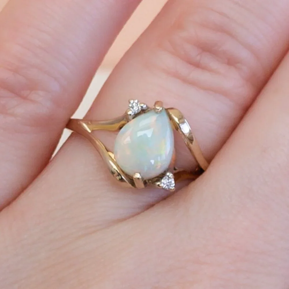 SOLD - 14K Gold Australian Opal & Diamond Ring – Vintage 1990s Setting - Picture 15 of 16